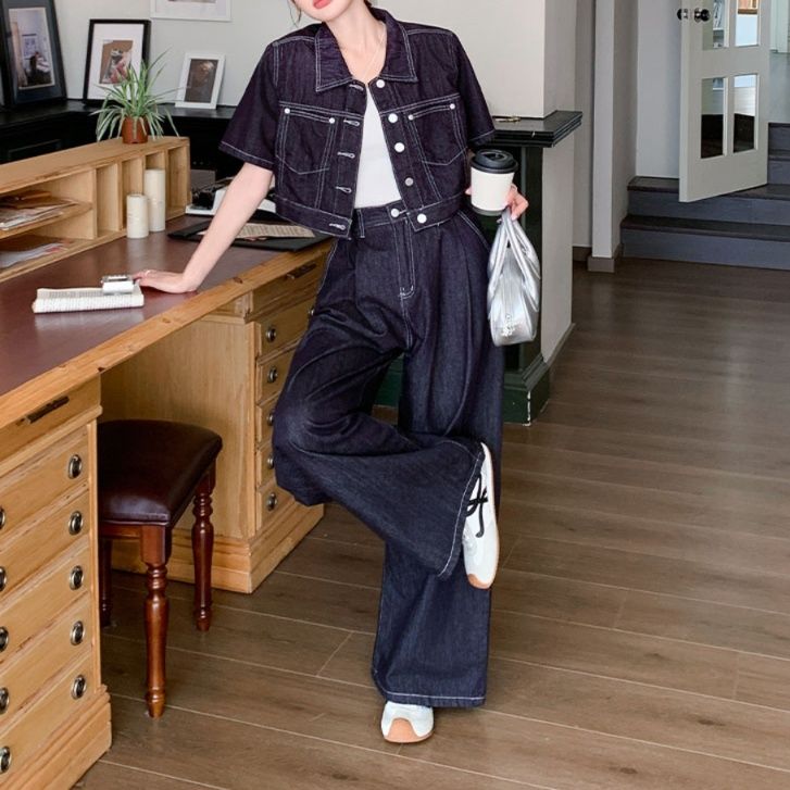 デニムセットアップ クロップド丈半袖デニムセットアップ