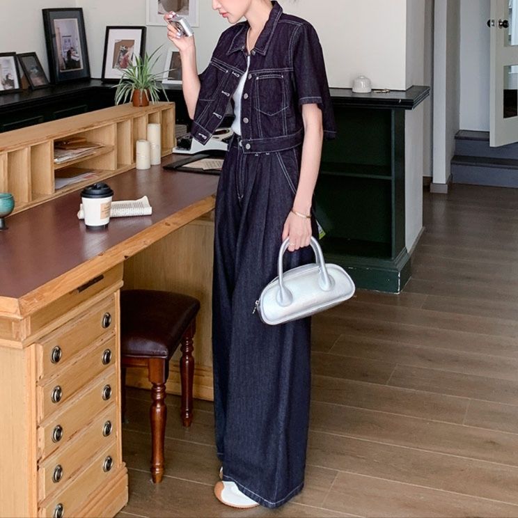 デニムセットアップ クロップド丈半袖デニムセットアップ