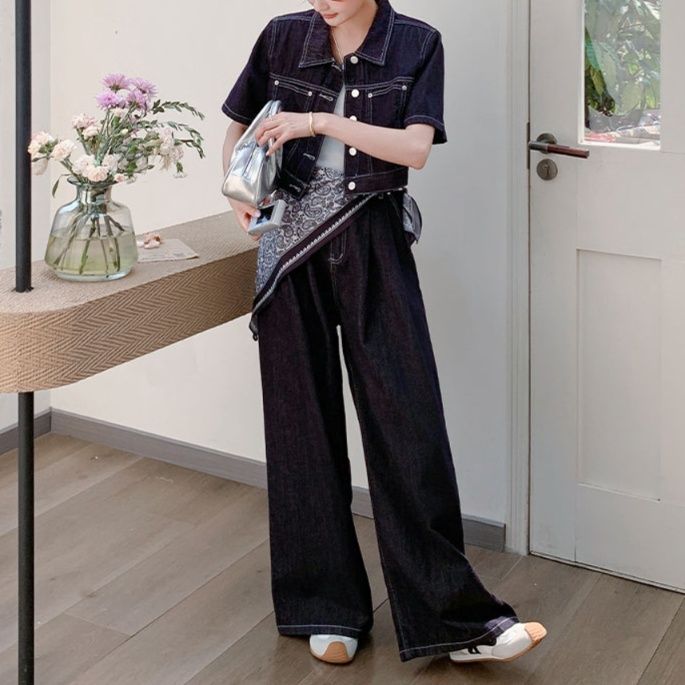 デニムセットアップ クロップド丈半袖デニムセットアップ