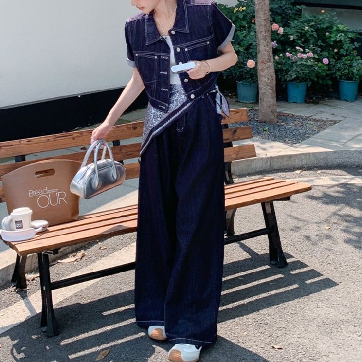 デニムセットアップ クロップド丈半袖デニムセットアップ