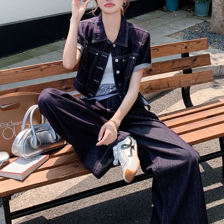 デニムセットアップ クロップド丈半袖デニムセットアップ