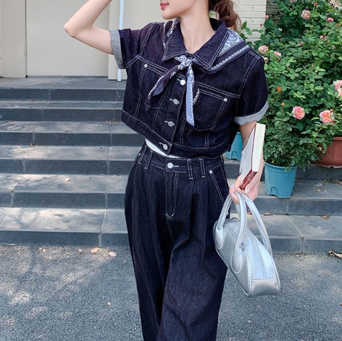 デニムセットアップ クロップド丈半袖デニムセットアップ