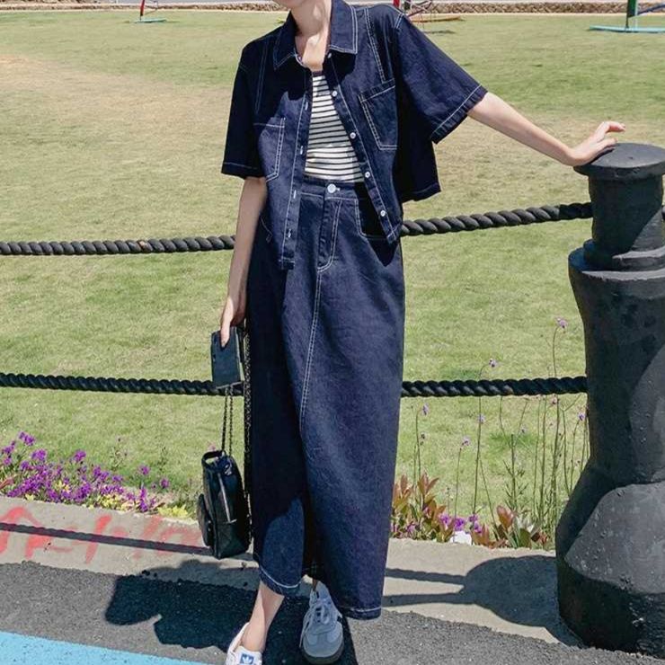 デニムセットアップ 洗練ステッチ ゆったりシルエットデニムセットアップ
