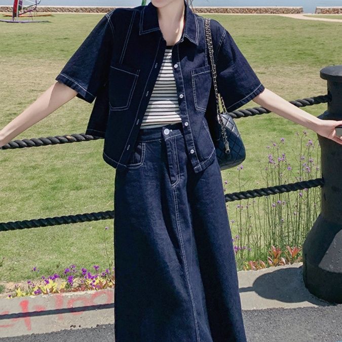 デニムセットアップ 洗練ステッチ ゆったりシルエットデニムセットアップ