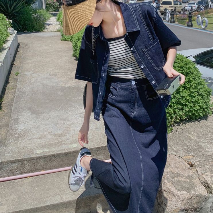 デニムセットアップ 洗練ステッチ ゆったりシルエットデニムセットアップ