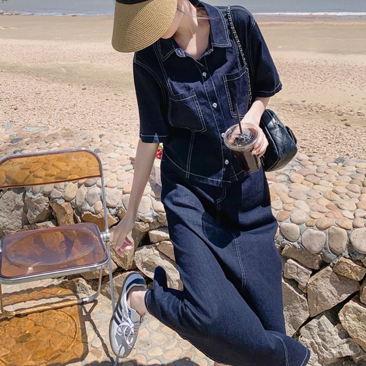 デニムセットアップ 洗練ステッチ ゆったりシルエットデニムセットアップ