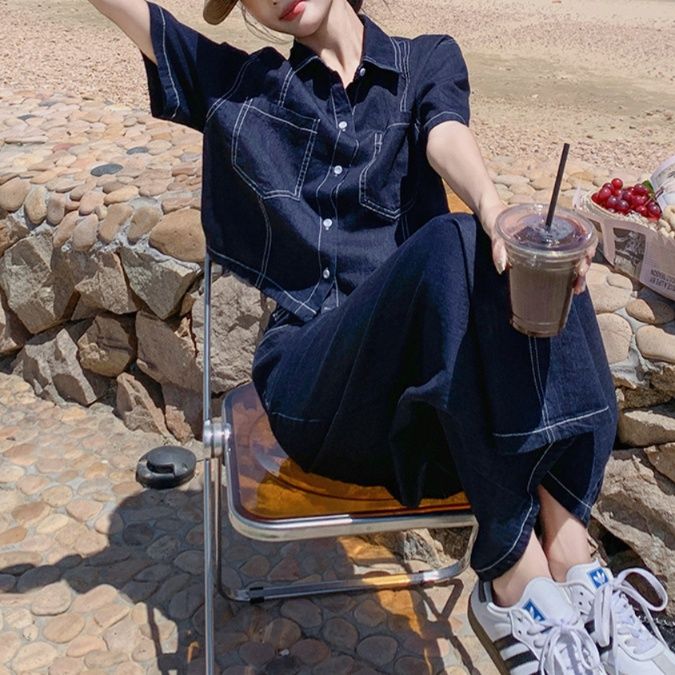 デニムセットアップ 洗練ステッチ ゆったりシルエットデニムセットアップ