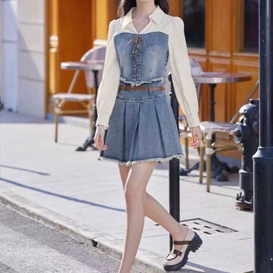 デニムセットアップ レースアップビスチェ風 プリーツスカートセット