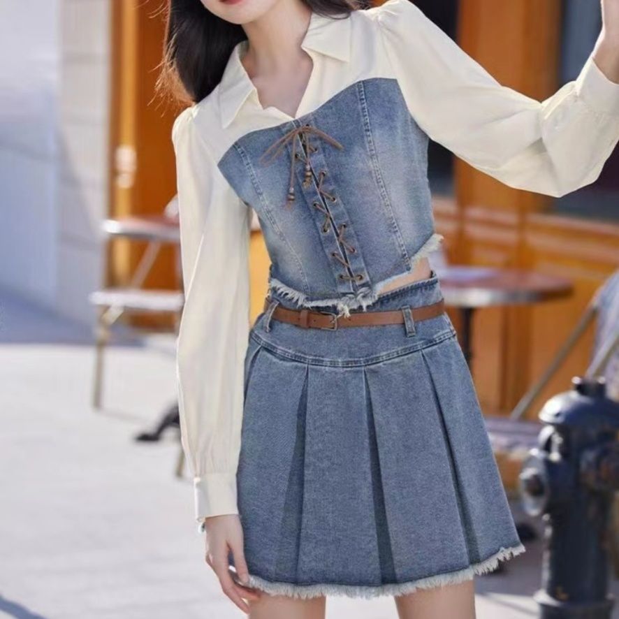 デニムセットアップ レースアップビスチェ風 プリーツスカートセット
