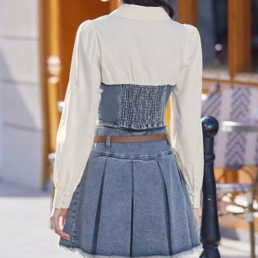 デニムセットアップ レースアップビスチェ風 プリーツスカートセット