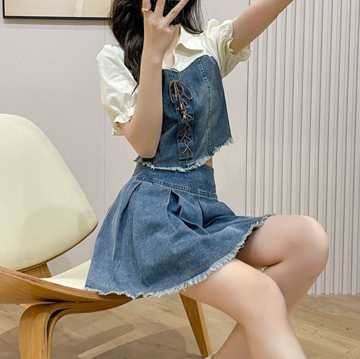 デニムセットアップ レースアップビスチェ風 プリーツスカートセット