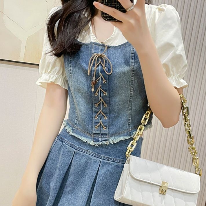 デニムセットアップ レースアップビスチェ風 プリーツスカートセット