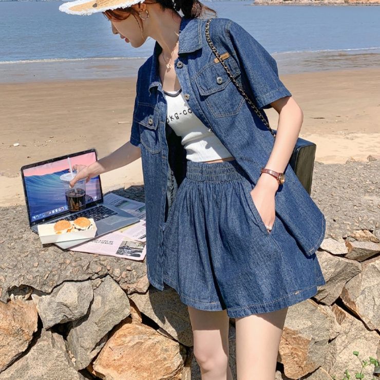 デニムセットアップ リゾート風ゆったりデニムセット