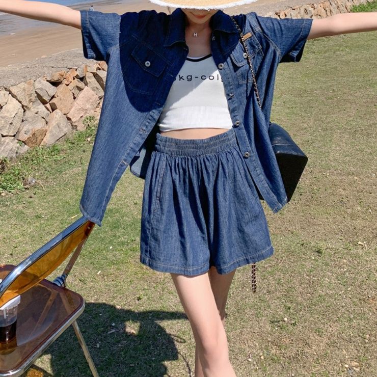 デニムセットアップ リゾート風ゆったりデニムセット