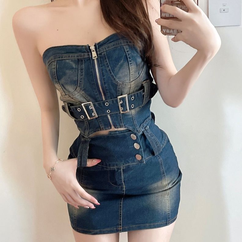 デニムセットアップ ベルト付きデニムビスチェセット