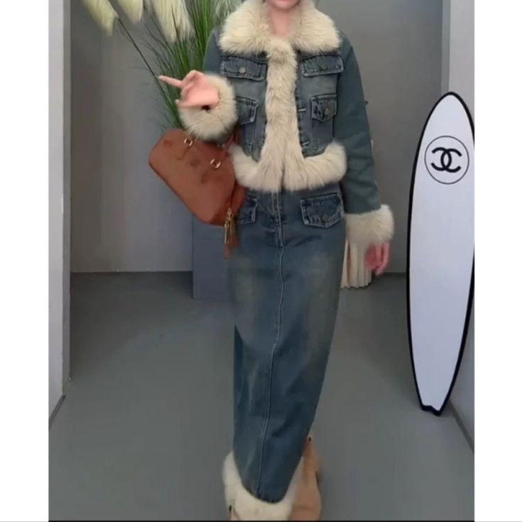 デニムセットアップ ファー付きデニムジャケットとスカートの二点セット