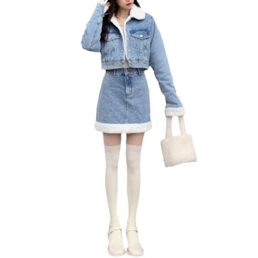 デニムセットアップ ボア襟付きジージャンとミニスカートのセットアップ