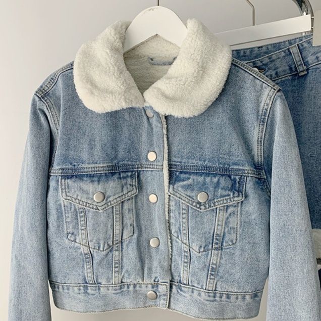 デニムセットアップ ボア襟付きジージャンとミニスカートのセットアップ