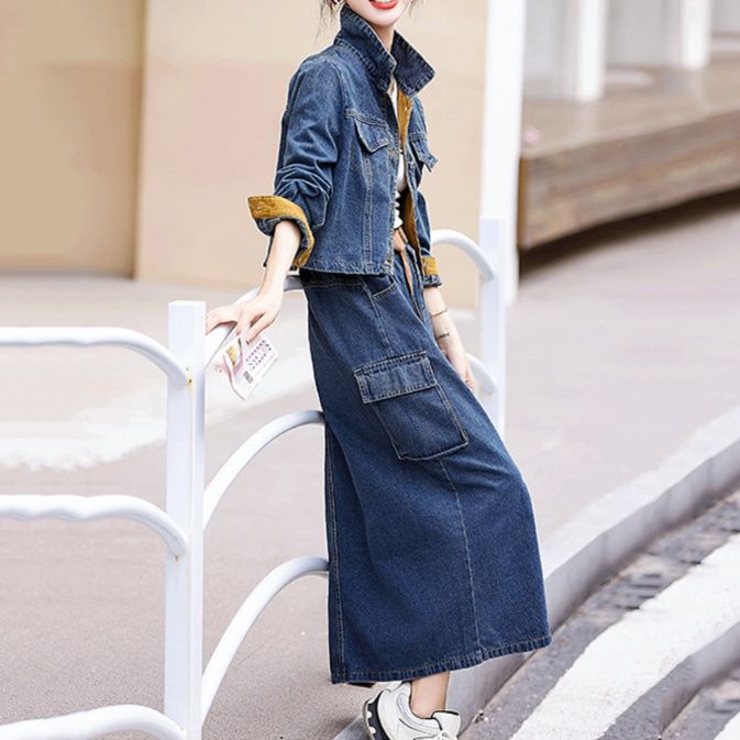 デニムセットアップ ショートジャケットとロングタイトスカートの二点セット