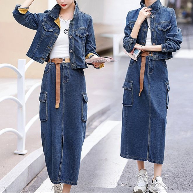 デニムセットアップ ショートジャケットとロングタイトスカートの二点セット