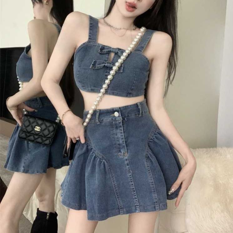 デニムセットアップ リボンデザイン ミニスカートセット