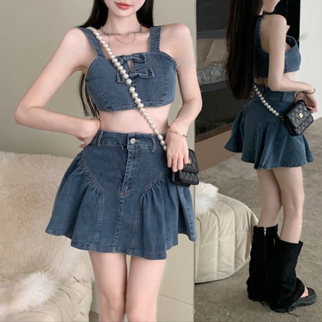 デニムセットアップ リボンデザイン ミニスカートセット
