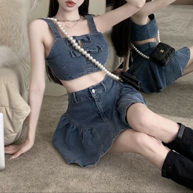 デニムセットアップ リボンデザイン ミニスカートセット