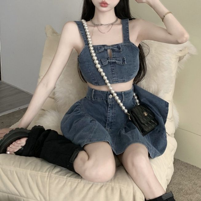 デニムセットアップ リボンデザイン ミニスカートセット