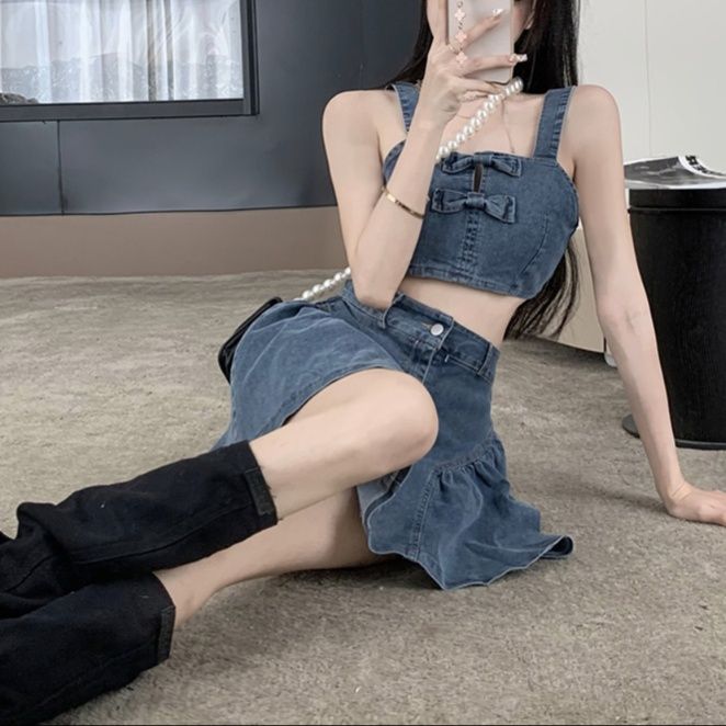 デニムセットアップ リボンデザイン ミニスカートセット