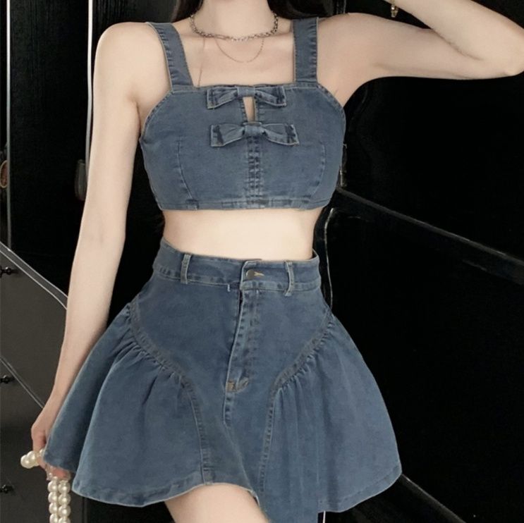 デニムセットアップ リボンデザイン ミニスカートセット