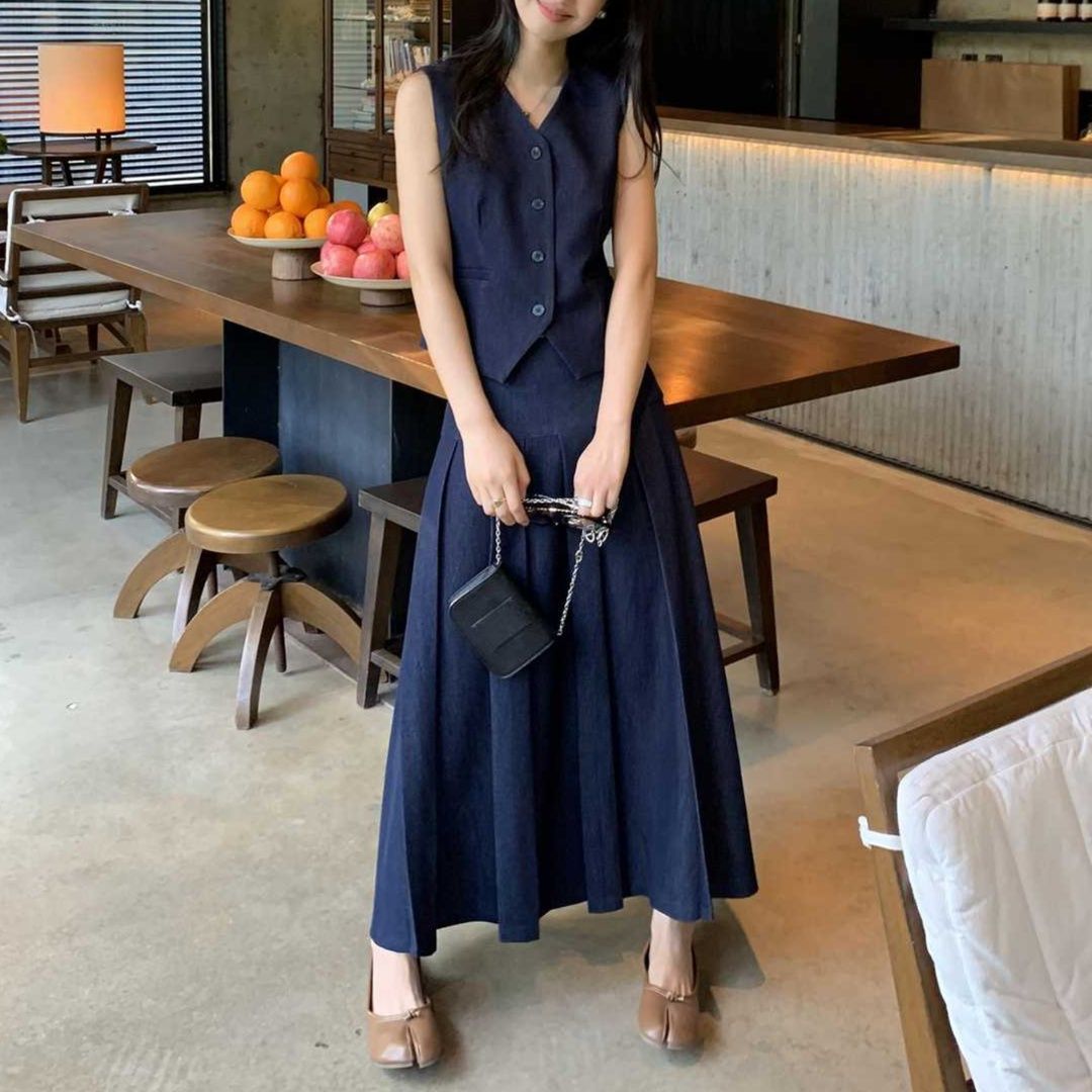 デニムセットアップ 上品デニムベスト＆フレアスカート