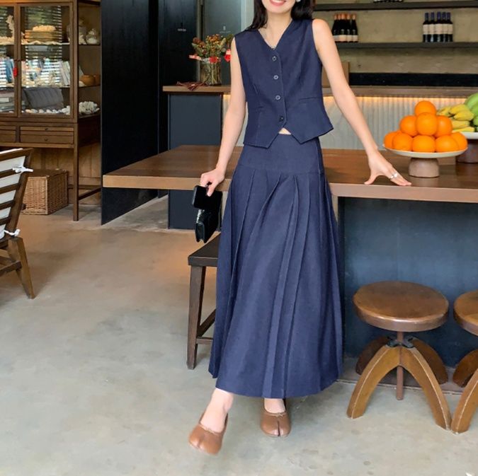 デニムセットアップ 上品デニムベスト＆フレアスカート