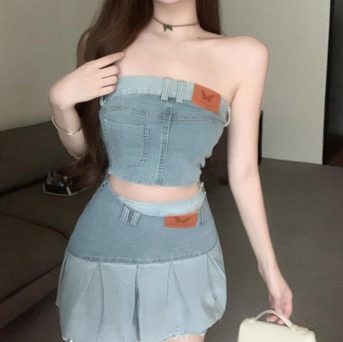 デニムセットアップ ベアトップミニプリーツセット