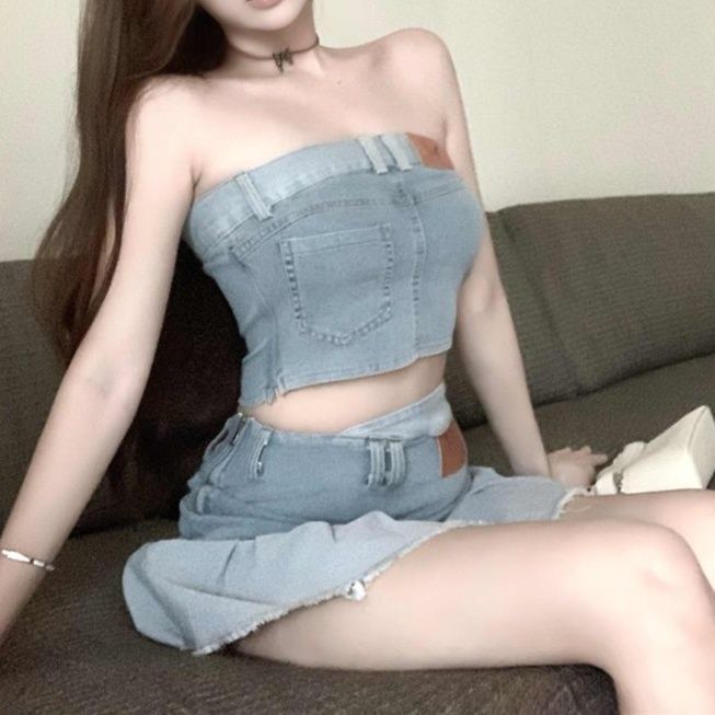 デニムセットアップ ベアトップミニプリーツセット