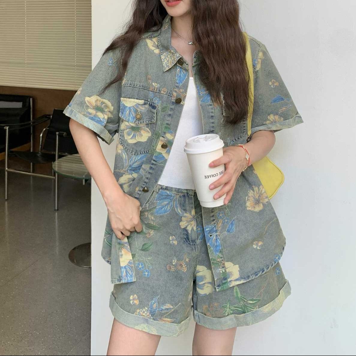 デニムセットアップ 花模様デニム上下セット