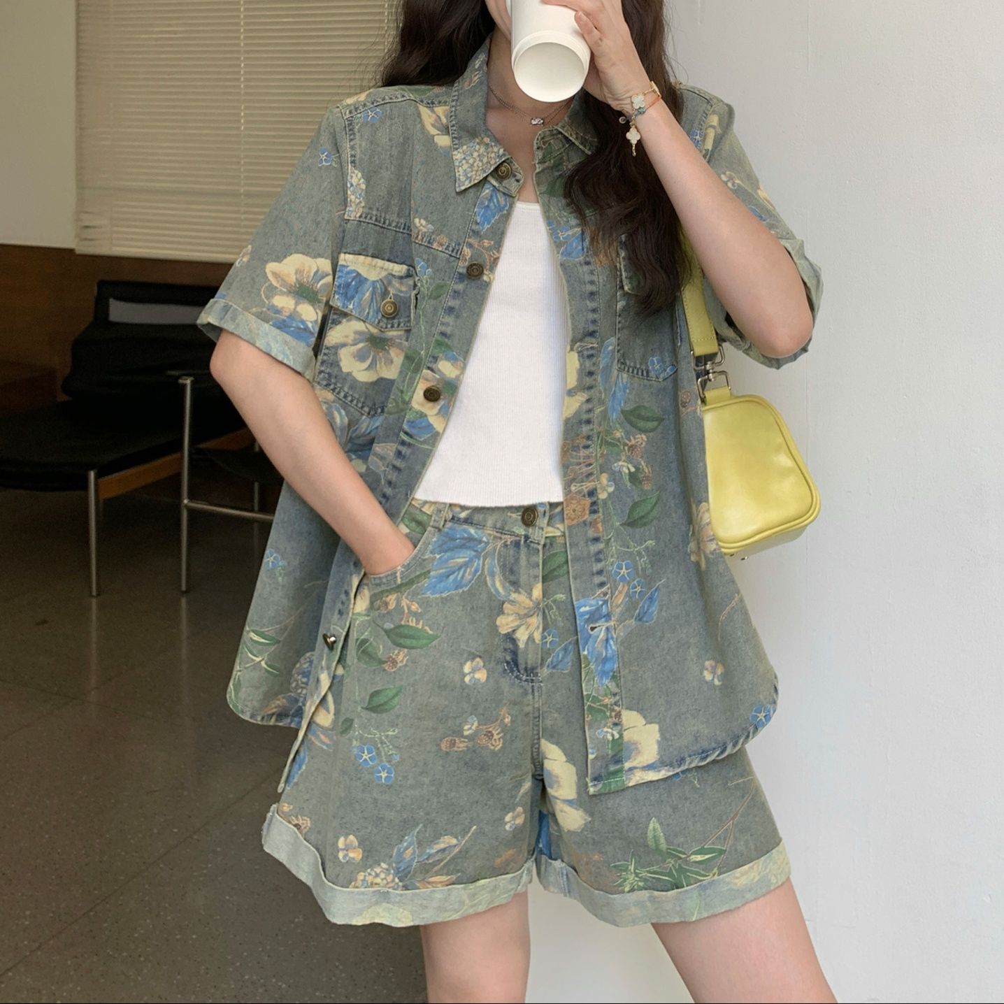 デニムセットアップ 花模様デニム上下セット