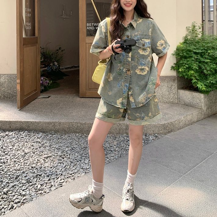 デニムセットアップ 花模様デニム上下セット