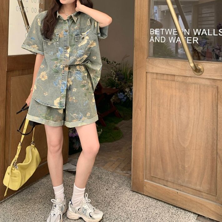 デニムセットアップ 花模様デニム上下セット