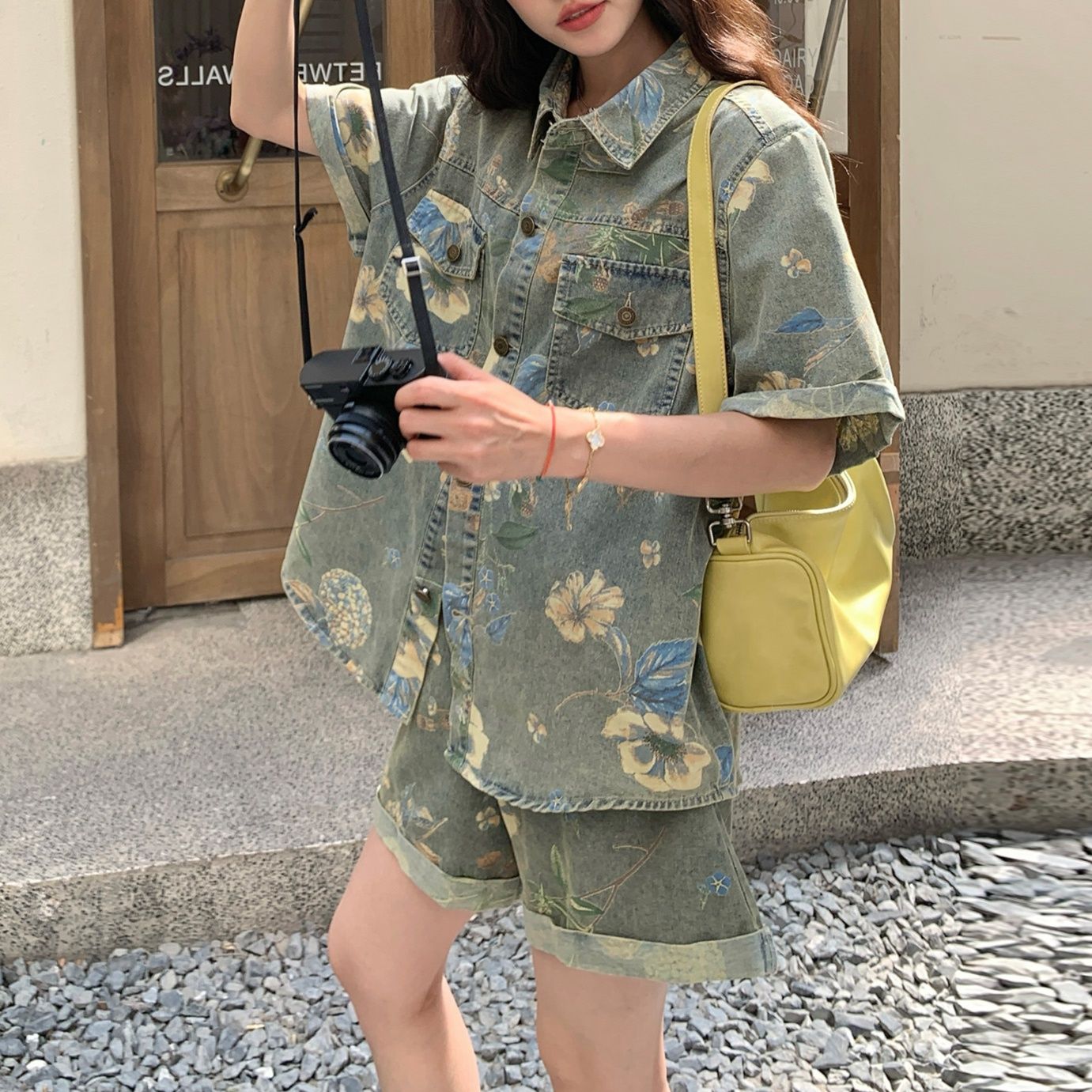 デニムセットアップ 花模様デニム上下セット