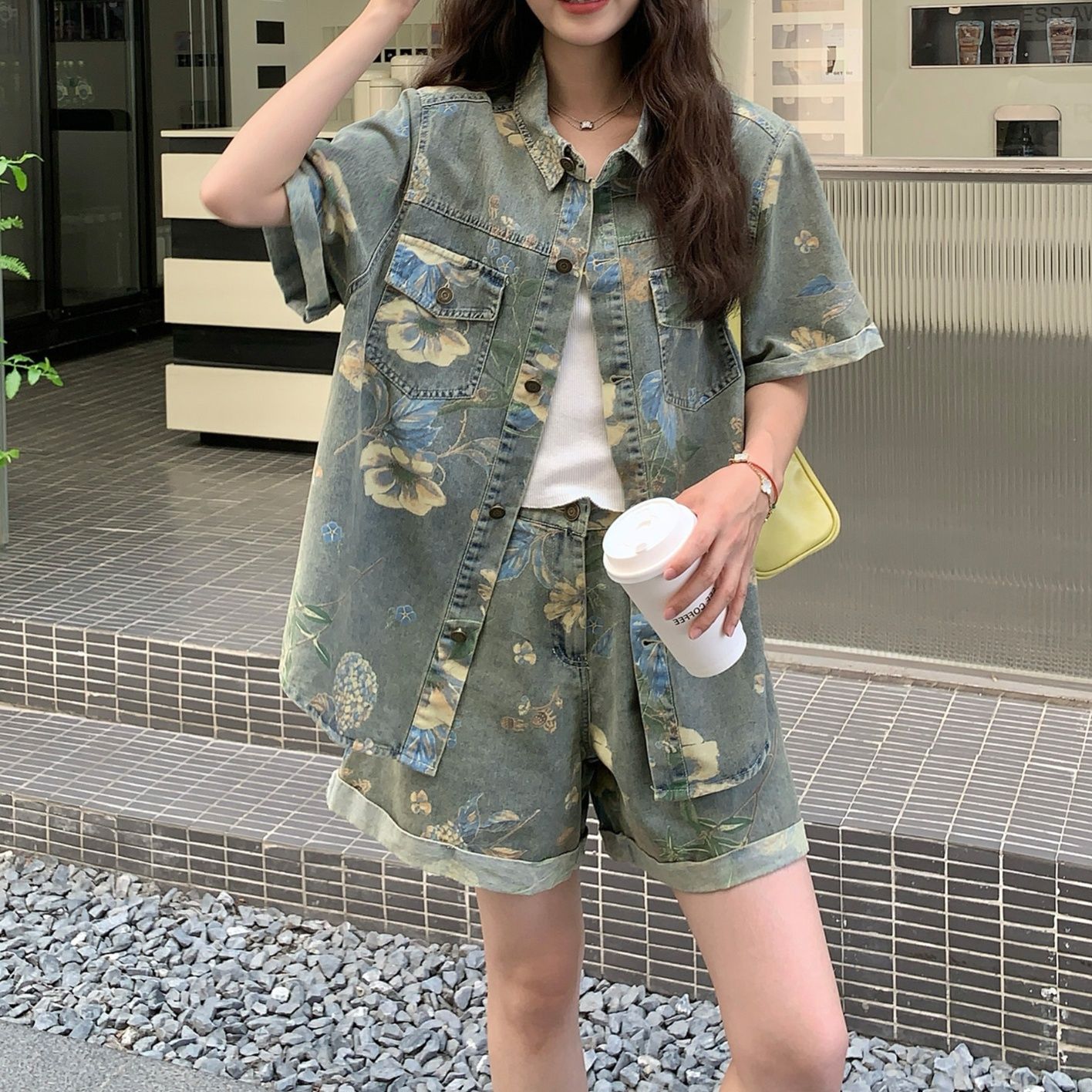 デニムセットアップ 花模様デニム上下セット