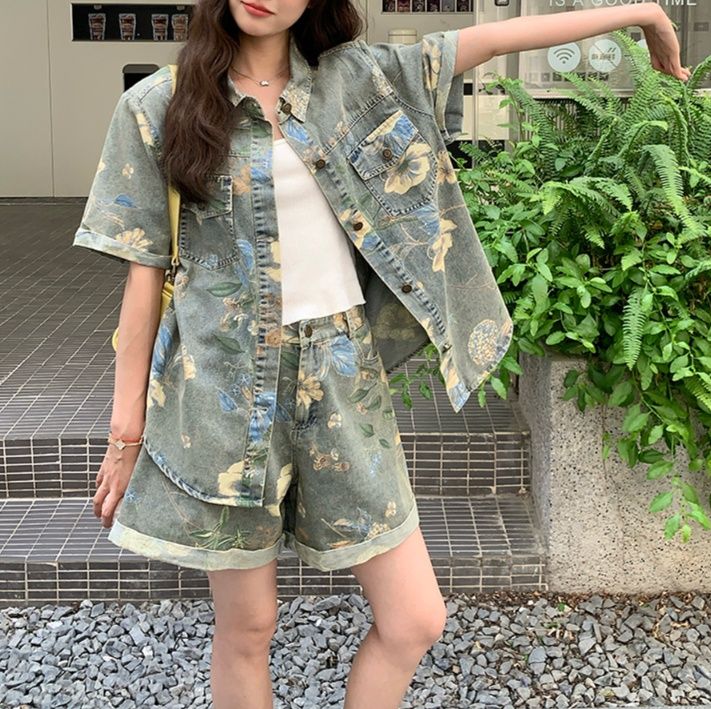 デニムセットアップ 花模様デニム上下セット