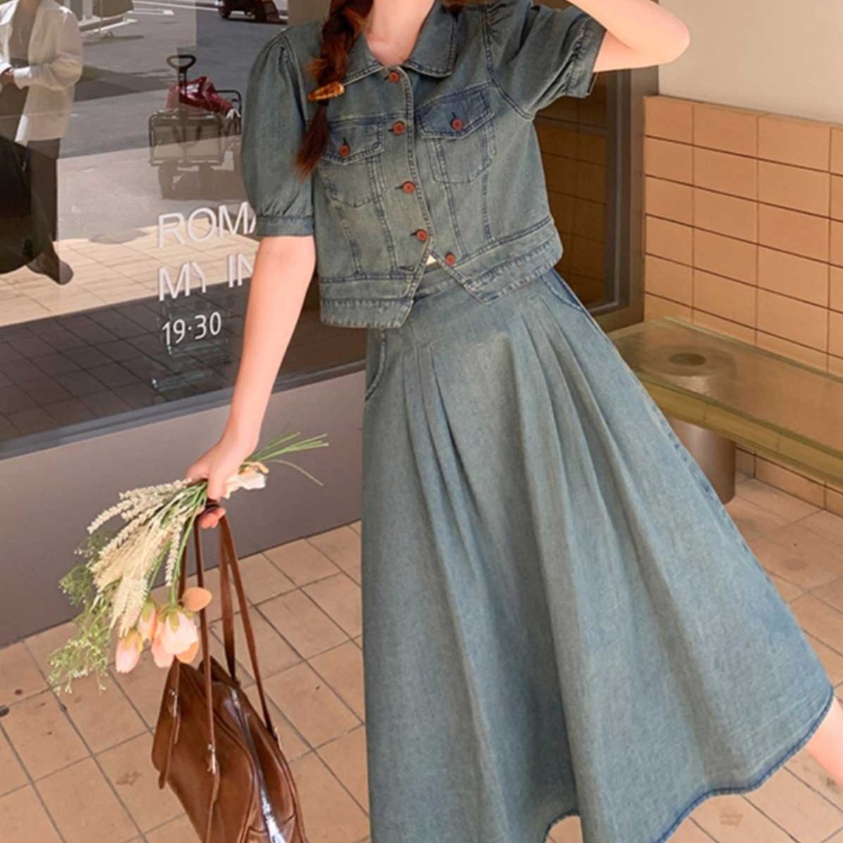 デニムセットアップ レトロパフスリーブスカートセット