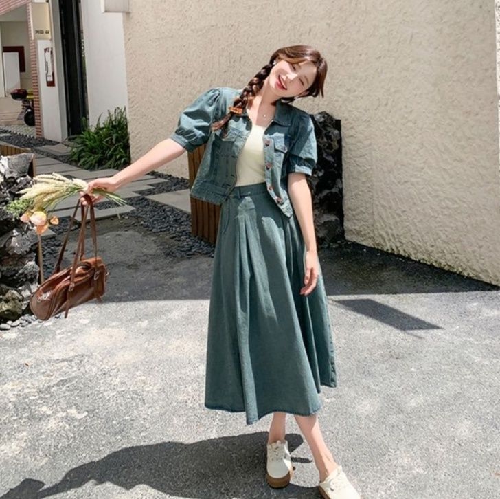 デニムセットアップ レトロパフスリーブスカートセット