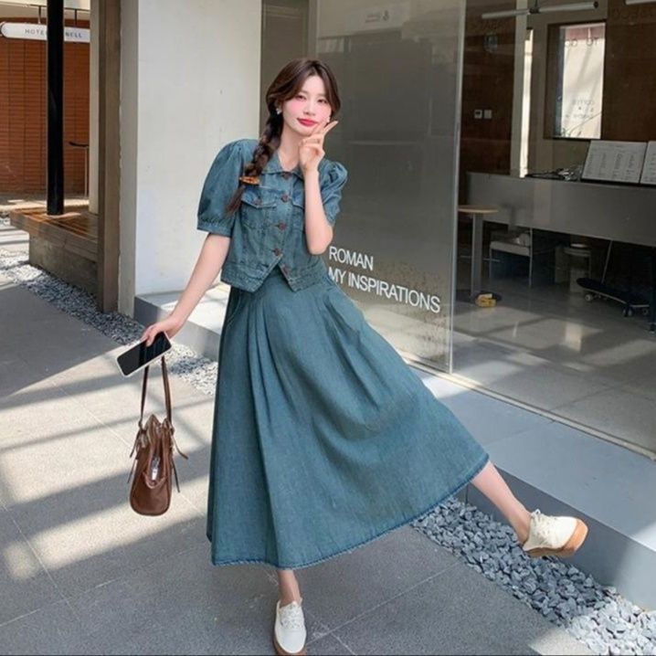 デニムセットアップ レトロパフスリーブスカートセット