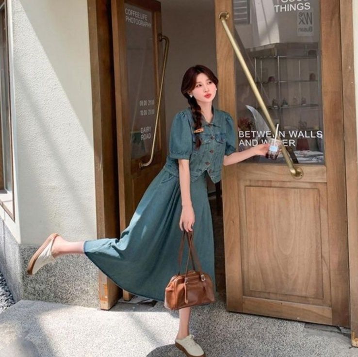 デニムセットアップ レトロパフスリーブスカートセット