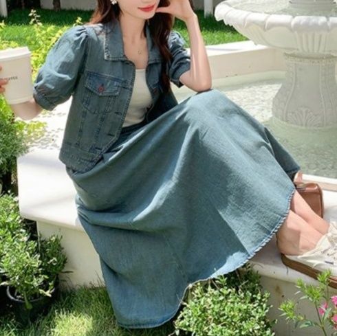 デニムセットアップ レトロパフスリーブスカートセット