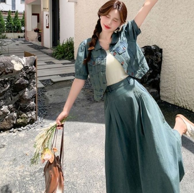 デニムセットアップ レトロパフスリーブスカートセット