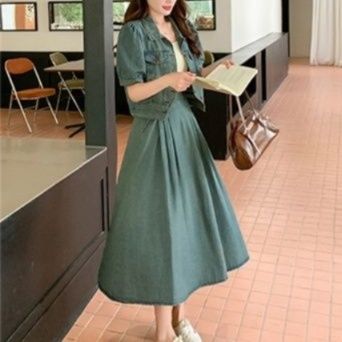 デニムセットアップ レトロパフスリーブスカートセット