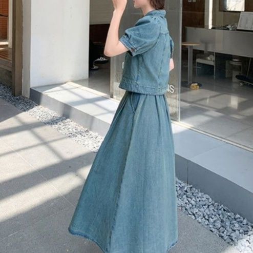 デニムセットアップ レトロパフスリーブスカートセット