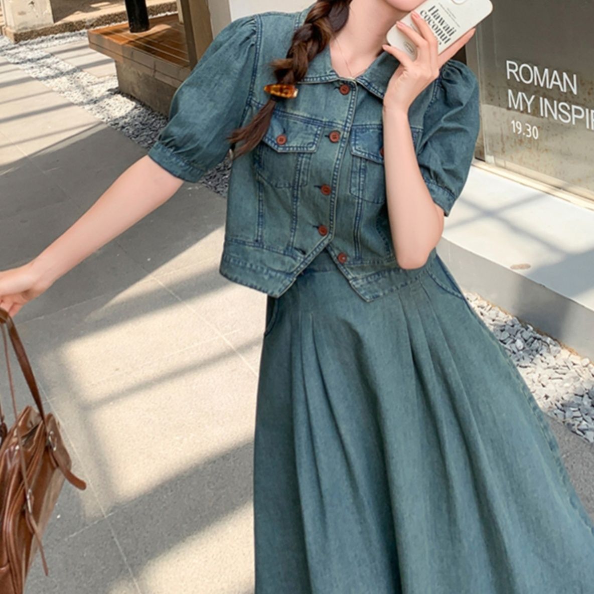 デニムセットアップ レトロパフスリーブスカートセット